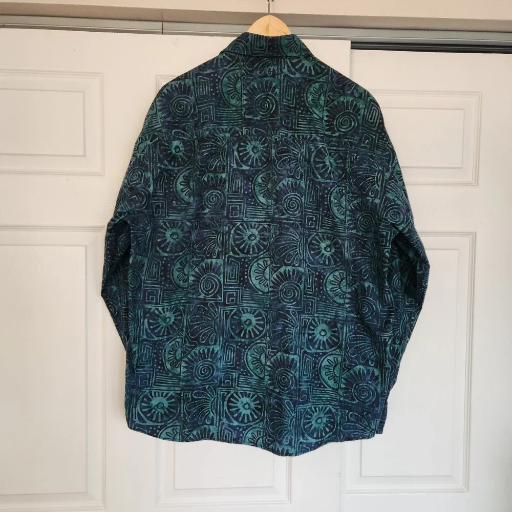 Jahari West Men's Long Sleeve Dark Blue and Teal Tropical Batik Shirt - Large - Picture 3 of 10